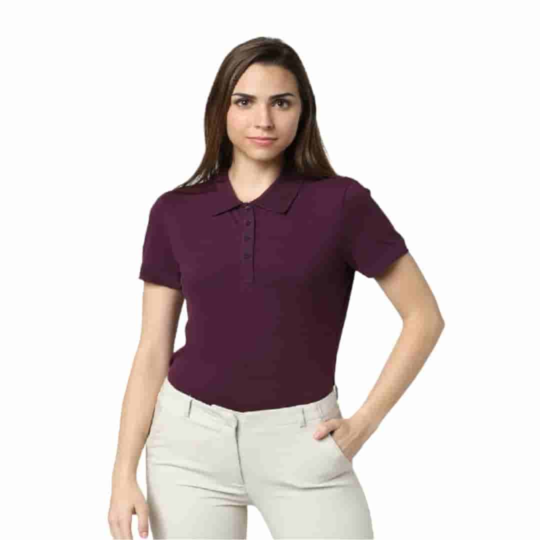 Vero Moda JACQUARD Women Solid Polo T Shirt (Wine)