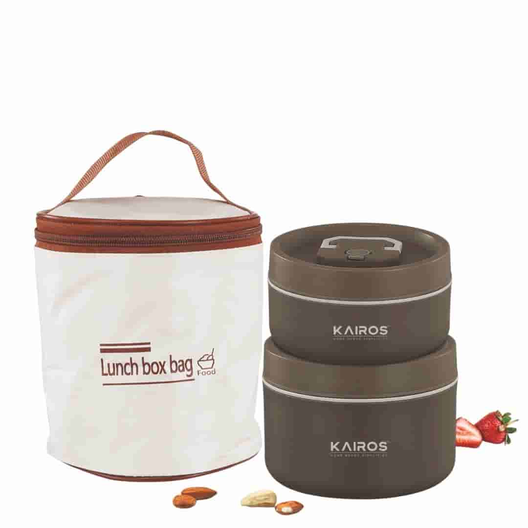 Kairos Triple Guard Lunch Box-2 Round Tiffin Boxes With Lid 1 Insulated Bag