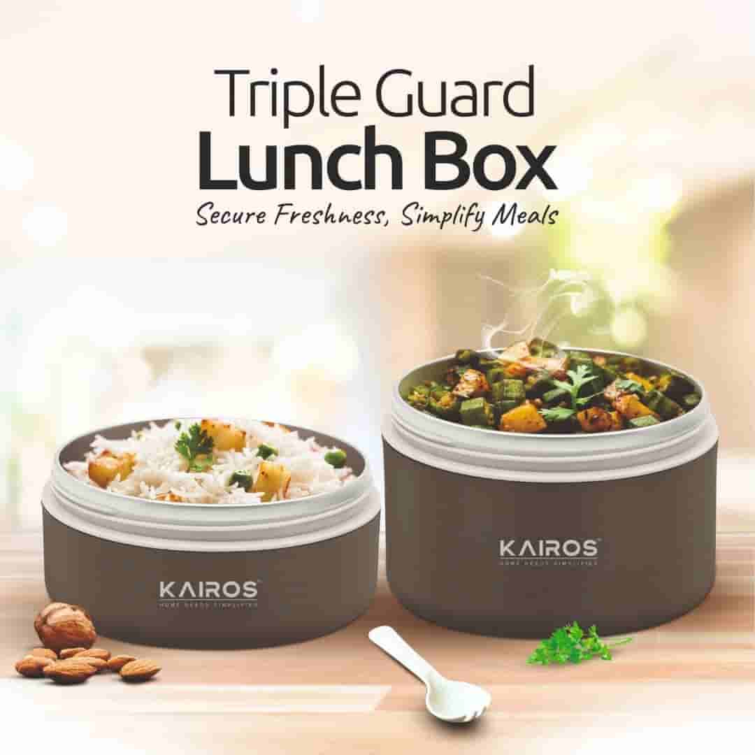 Kairos Triple Guard Lunch Box-2 Round Tiffin Boxes With Lid 1 Insulated Bag