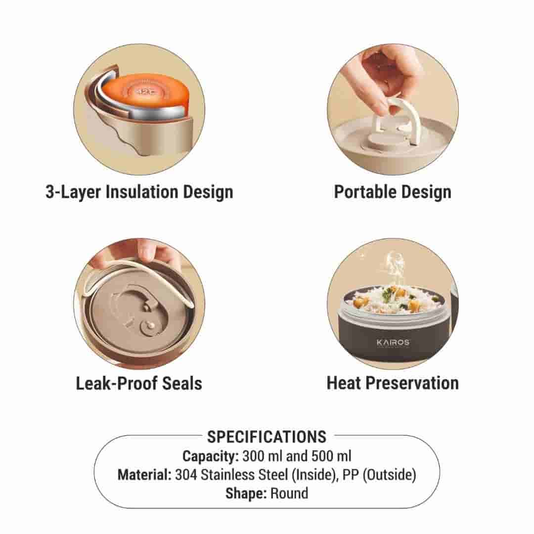 Kairos Triple Guard Lunch Box-2 Round Tiffin Boxes With Lid 1 Insulated Bag