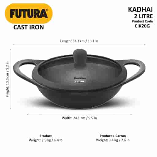 Hawkins Futura 2L Cast Iron Nonstick Kadai with Glass Lid