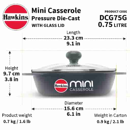 Hawkins 0.75L Oval Shaped Die-Cast Mini Casserole with Glass Lid Grey