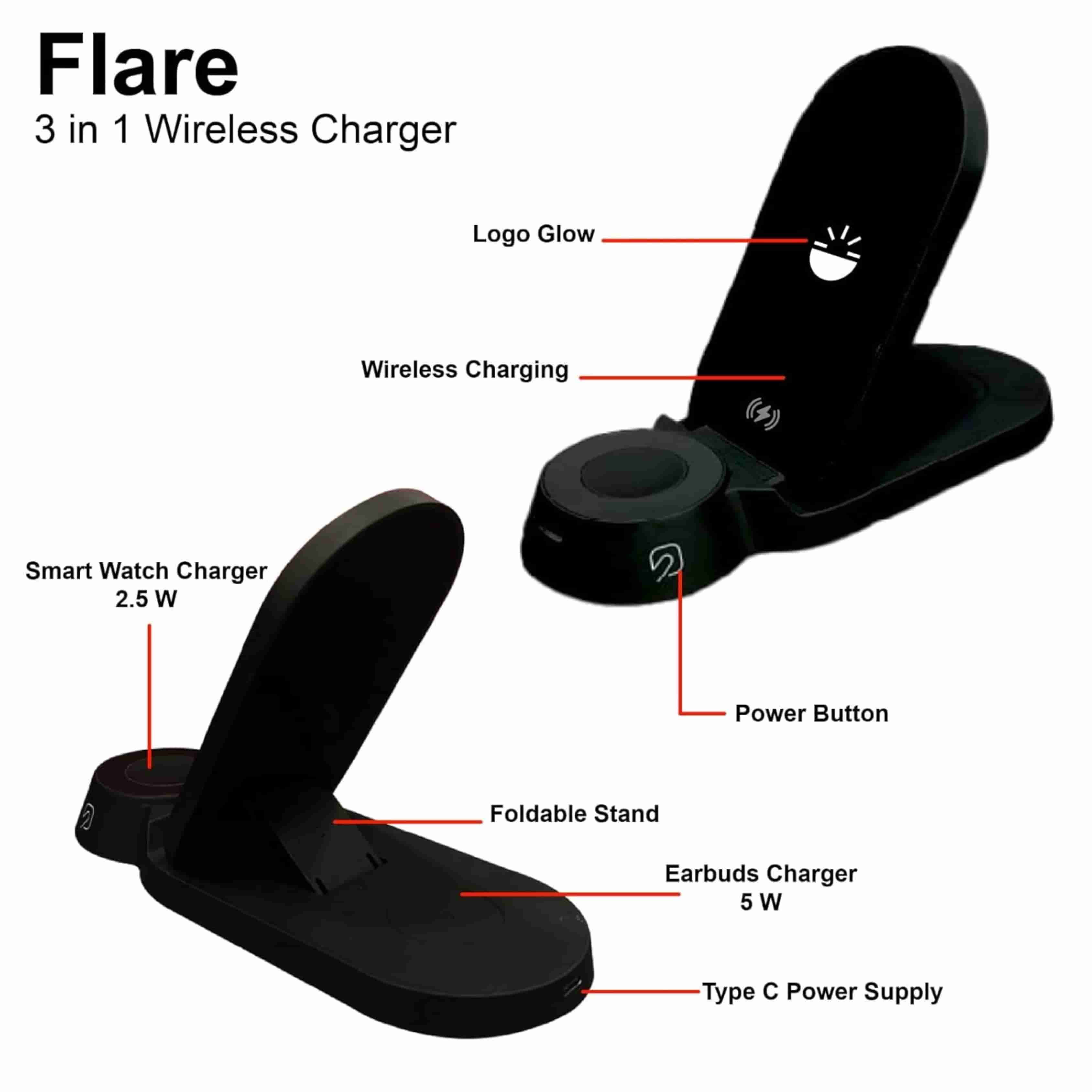 Glow Gadgets Flare Dock 3-in-1 Wireless Charger | 15W Multi-Device Charging Station | Premium Black Finish