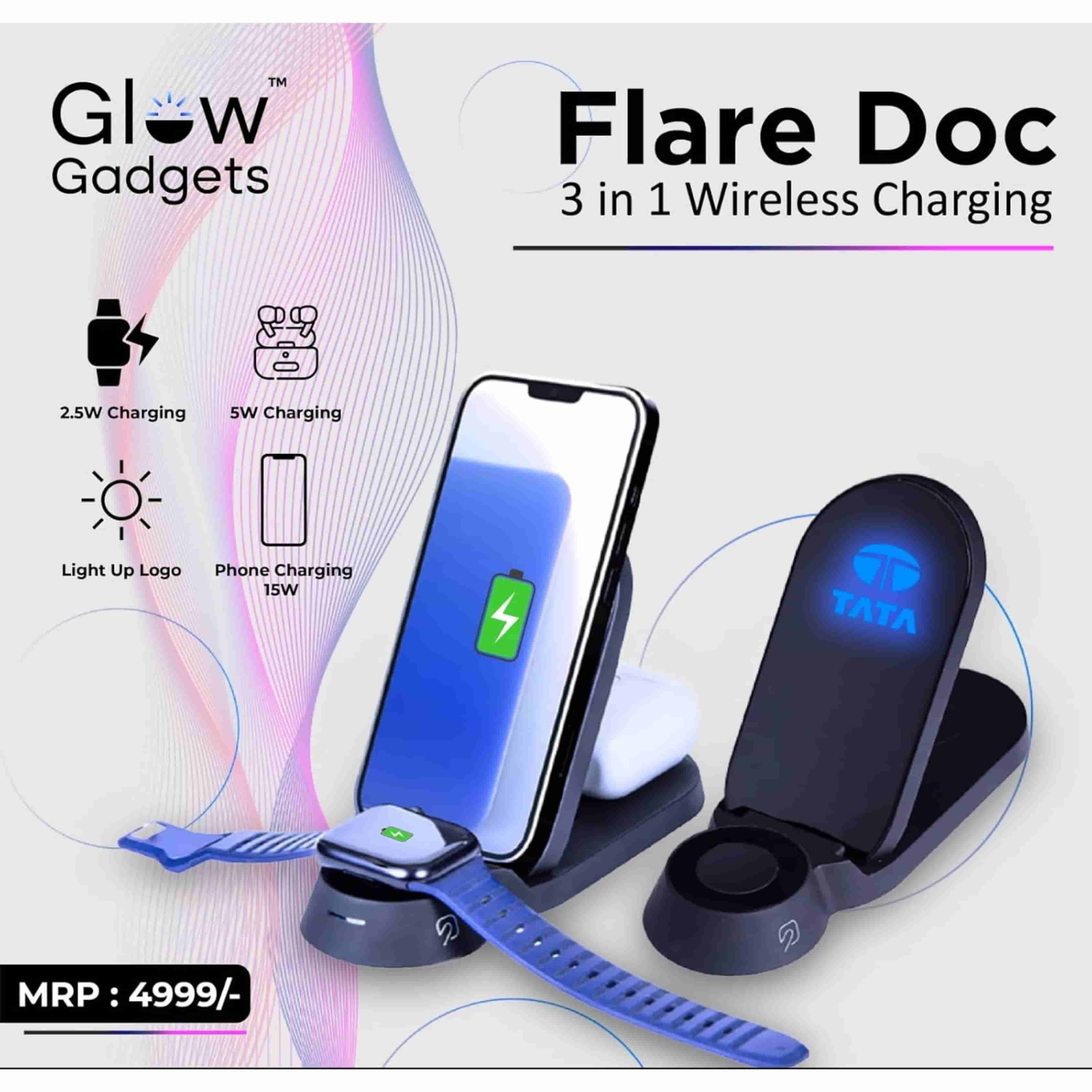 Glow Gadgets Flare Dock 3-in-1 Wireless Charger | 15W Multi-Device Charging Station | Premium Black Finish