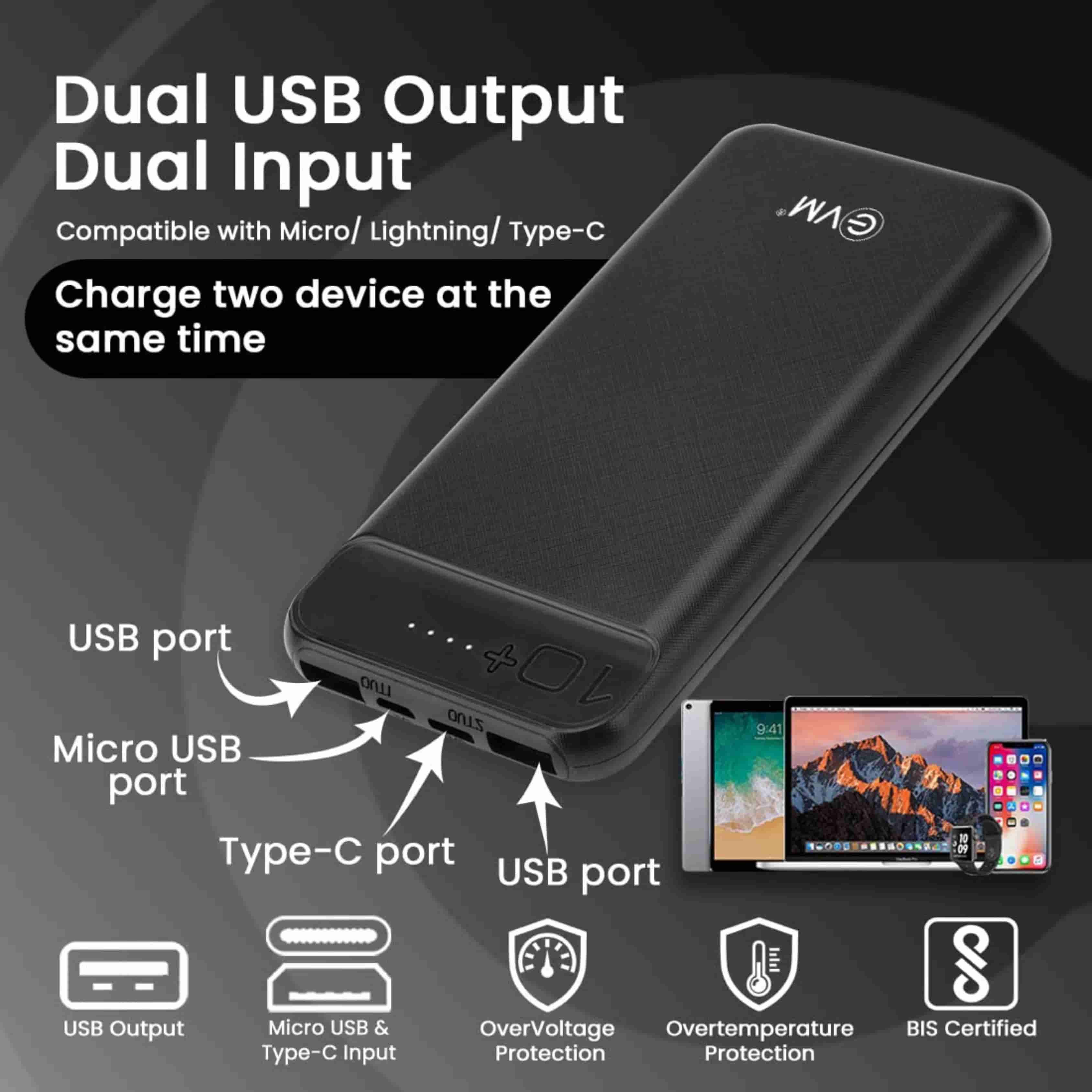 EVM Encharge Power Bank 10000mAh - Compact Power with Dual USB Output Ports