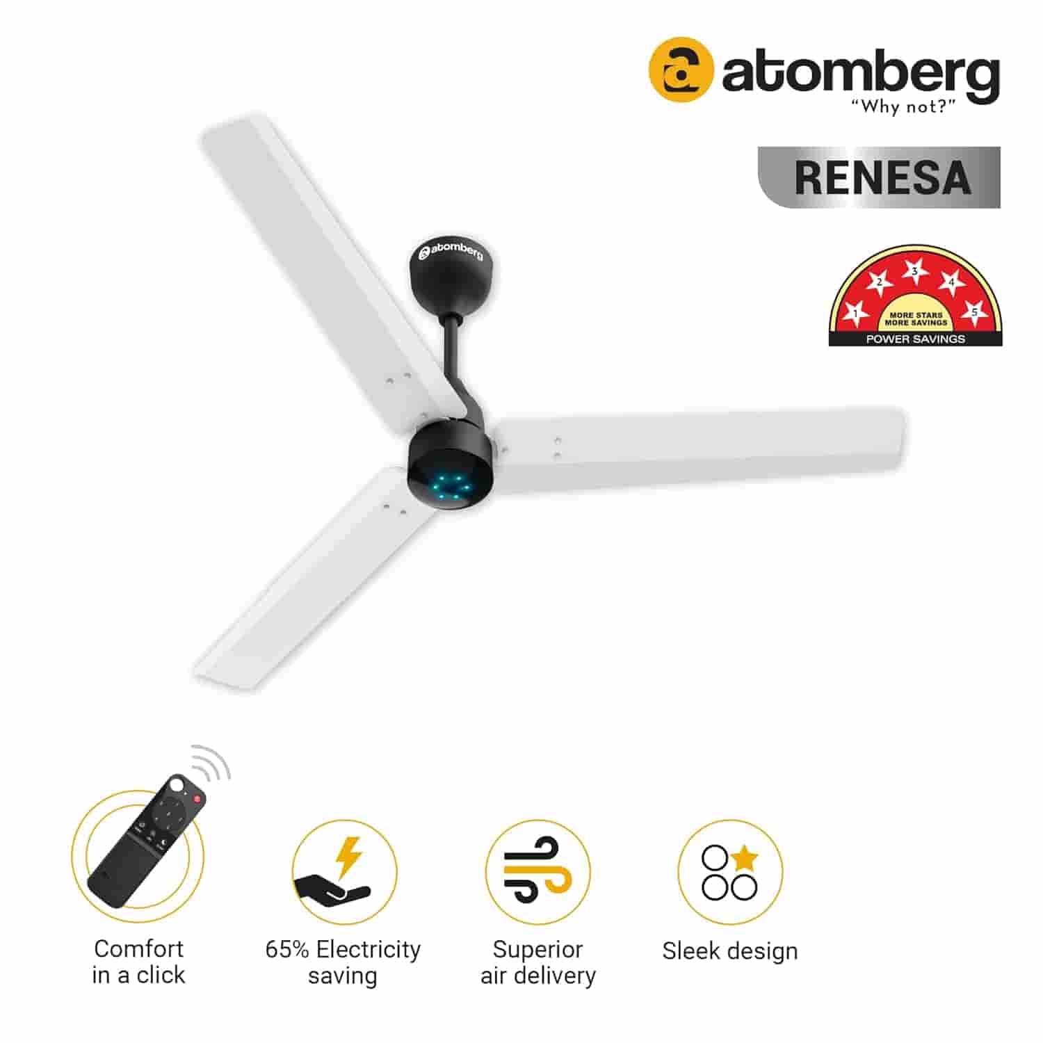 atomberg Renesa 1200mm BLDC Ceiling Fan with Remote Control (White & Black)