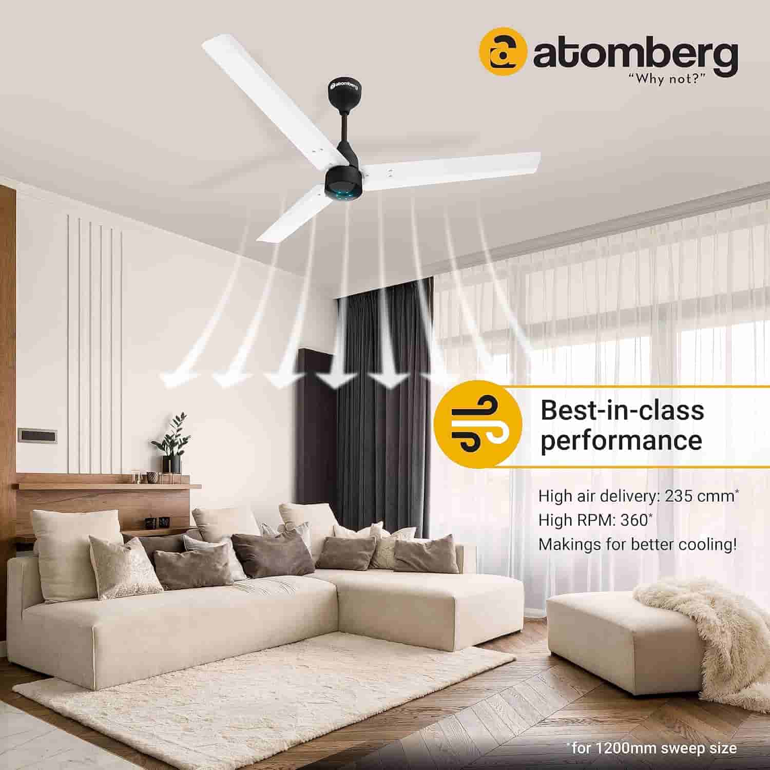 atomberg Renesa 1200mm BLDC Ceiling Fan with Remote Control (White & Black)