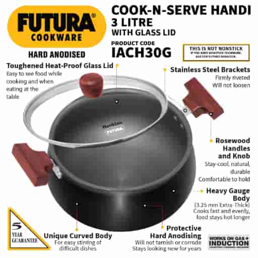 Hawkins Futura 3 Litre Cook n Serve Induction Handi With Glass Lid
