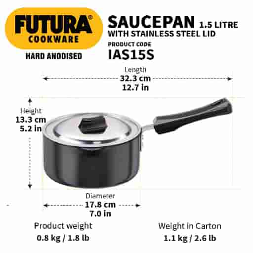 Hawkins Futura 1.5L Hard Anodised Induction Sauce Pan With Stainless Steel Lid