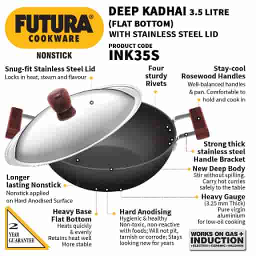 Hawkins Futura 3.5L Non Stick Flat Bottom Induction Kadhai With Stainless Steel Lid