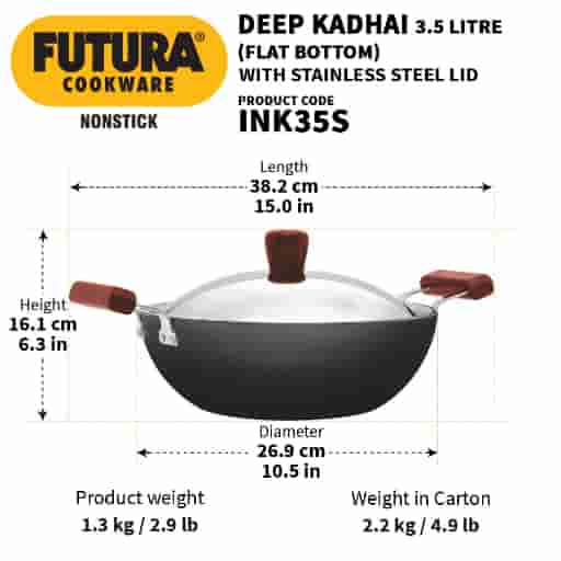Hawkins Futura 3.5L Non Stick Flat Bottom Induction Kadhai With Stainless Steel Lid