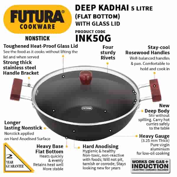 Hawkins Futura 5 Litre Deep Kadhai with Glass Lid