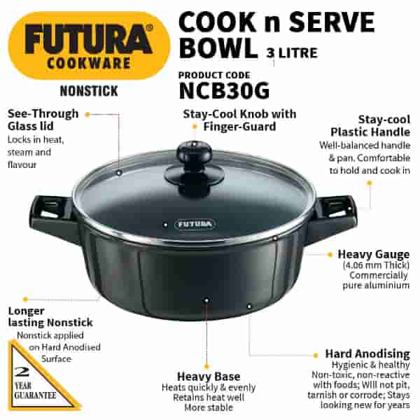 Hawkins Futura 3L Nonstick Bowl With Glass Lid