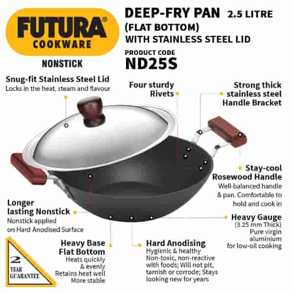 Hawkins Flat Bottom Deep Fry Pan 2.5 Litre with Lid