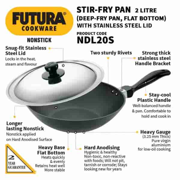 Hawkins Flat Bottom Stir Fry Pan 2L with lid