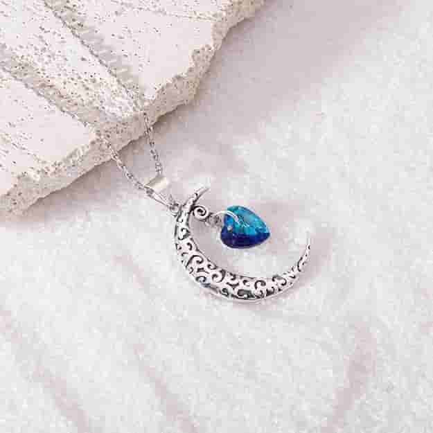 Oxidised Silver Moon Heart Pendant with Link Chain