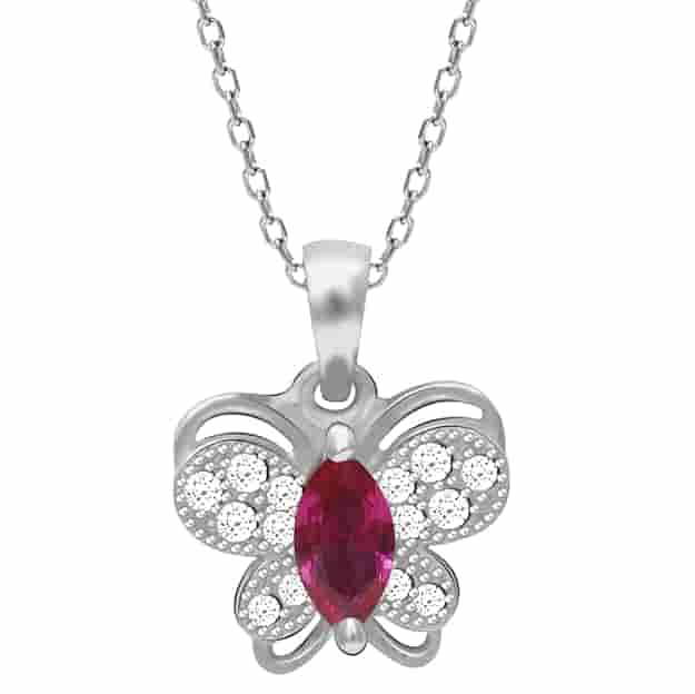Silver Pop Pink Studded Butterfly Pendant With Link Chain