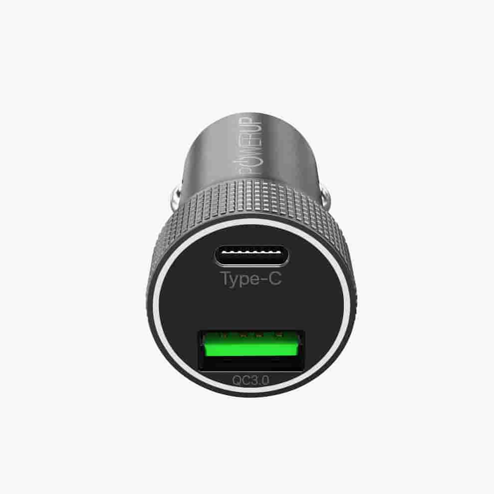 Powerup Metal Type-C 38W PD & USB 3.0 Quick Car Charger - Black