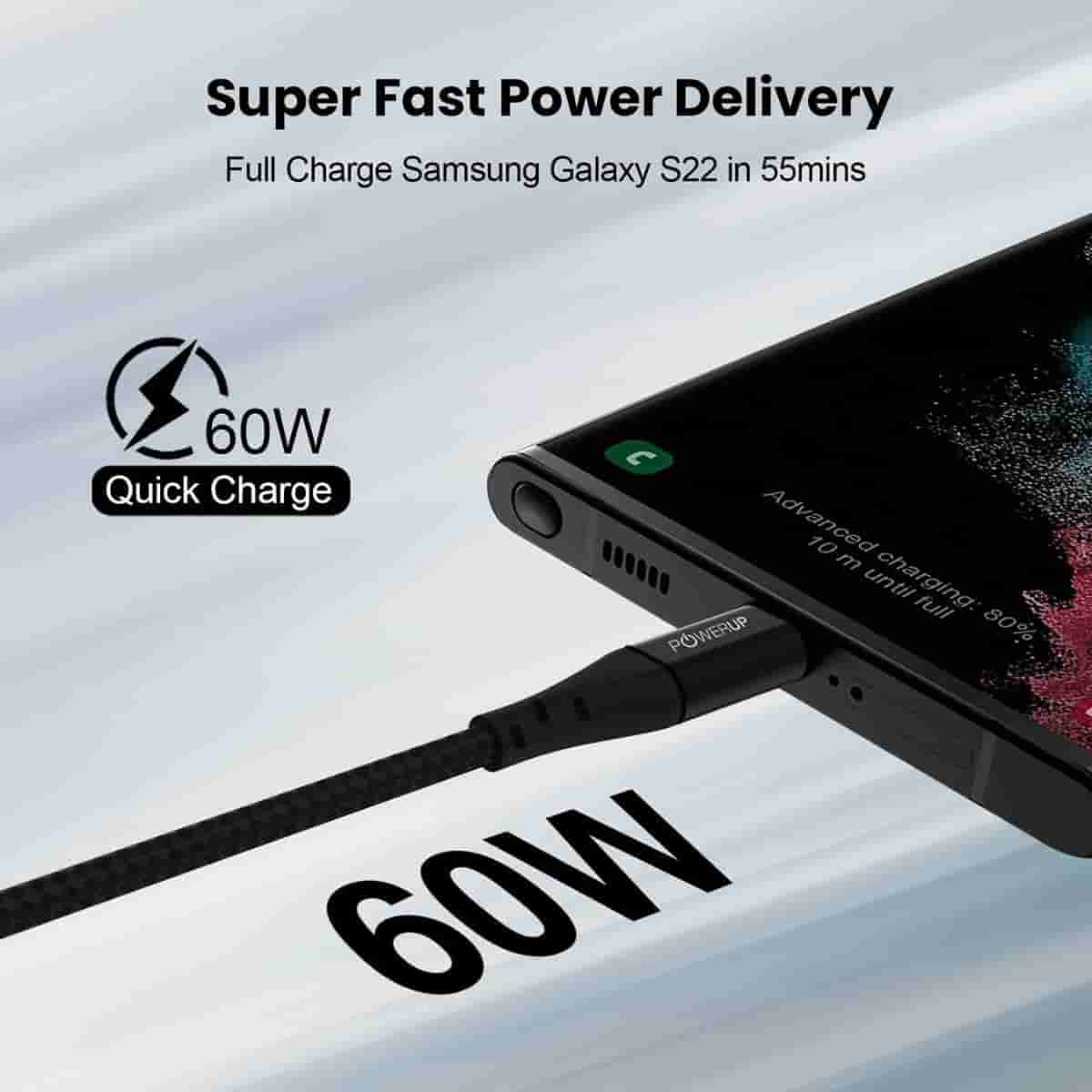 Powerup 1.5m USBC TO USBC Charging & SYNC Cable 60W Black