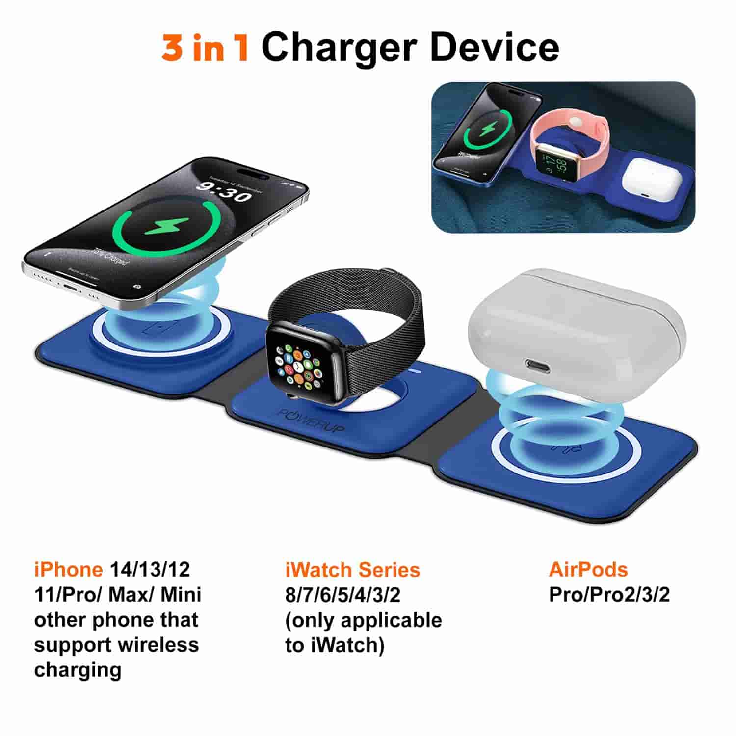 Powerup 3in1 Flat Wireless Charger Blue