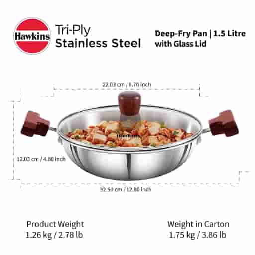 Hawkins 1.5L Triply Stainless Steel Induction Kadai With Glass Lid