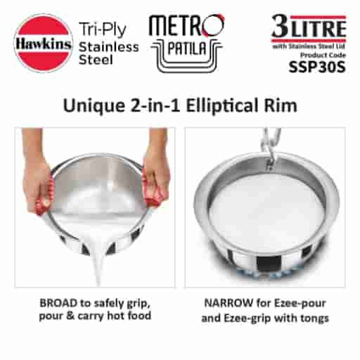 Hawkins 3L Stainless Steel Tope Metro Patila With SS Lid