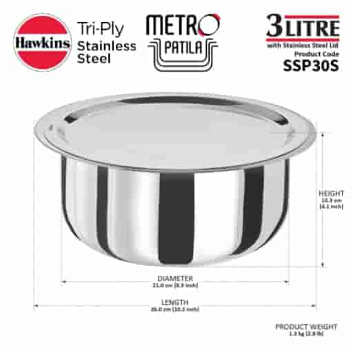 Hawkins 3L Stainless Steel Tope Metro Patila With SS Lid
