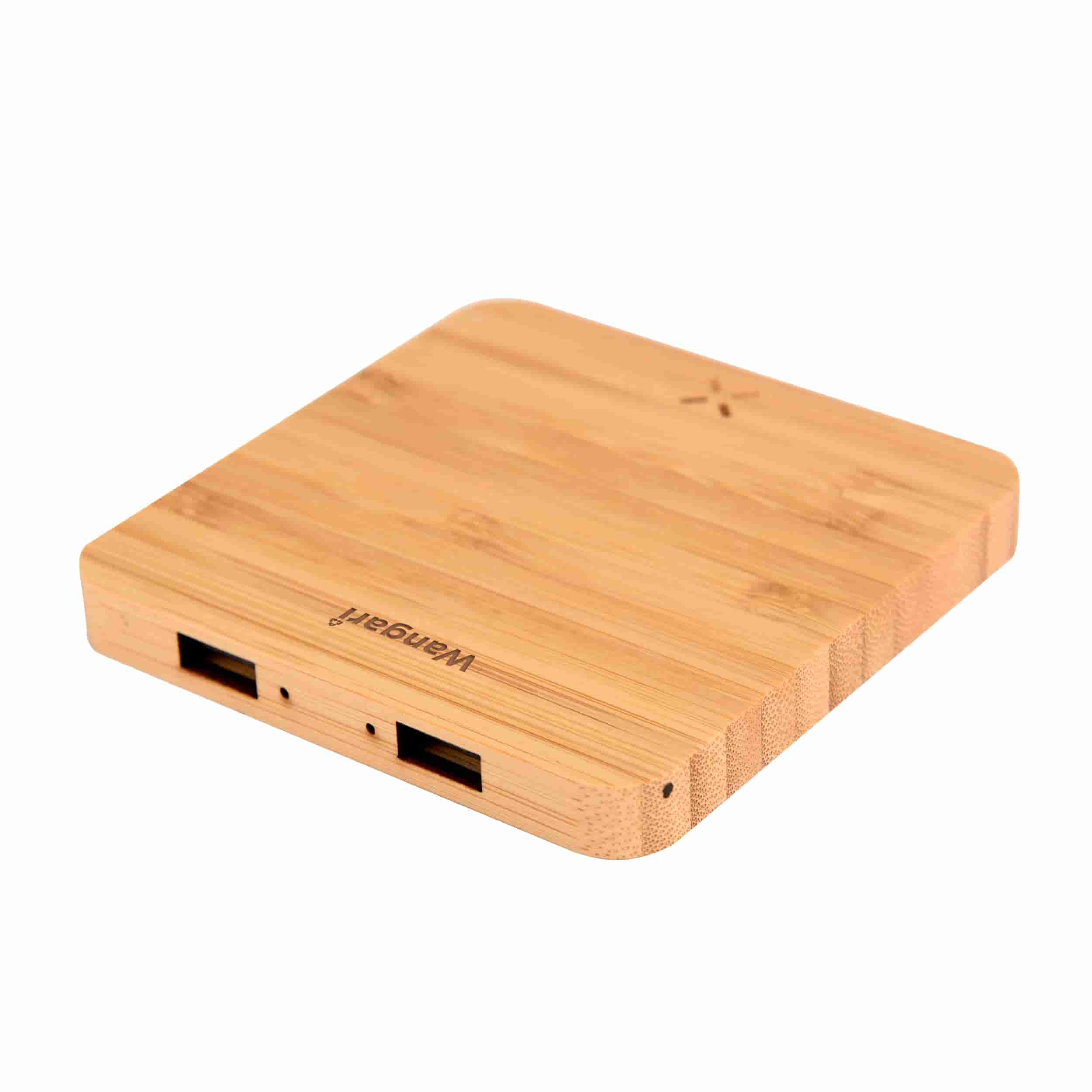 Wangari Pine 15W Square Bamboo Wireless Charger With USB Hub