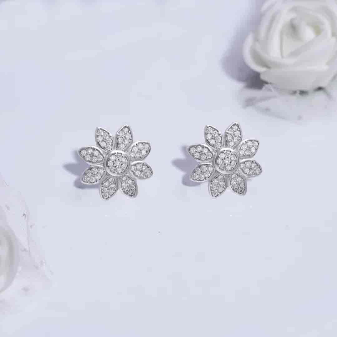 Silver Zircon Blooming Flower Earrings