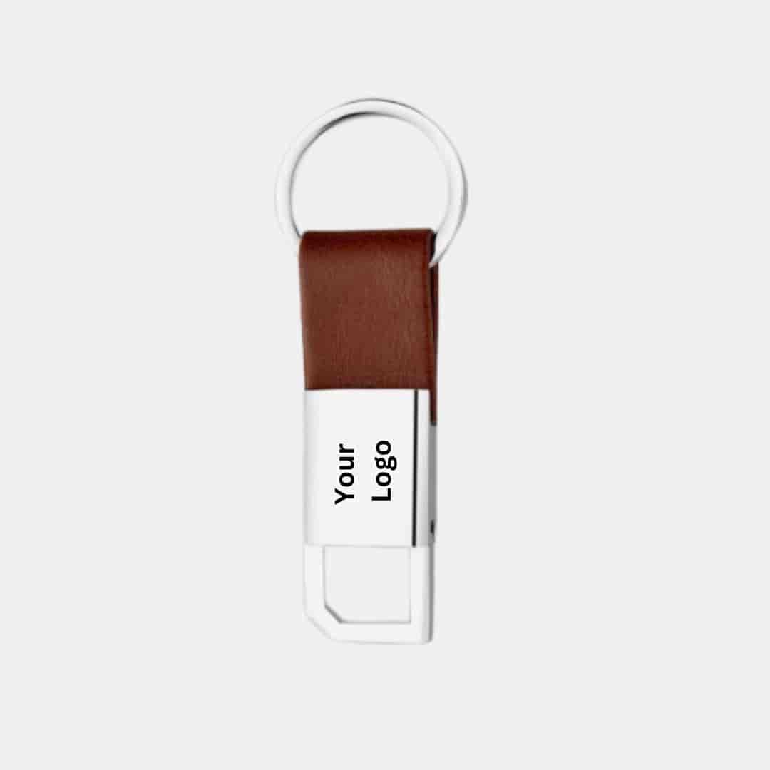 Brown Leather Strap with Metal Finish Keychain