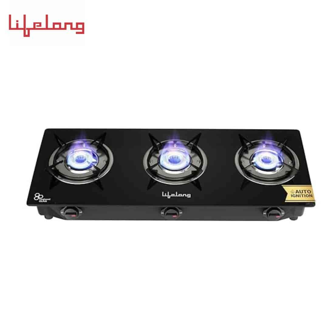 Lifelong LLGS803 Auto Ignition, High Efficiency 3 Burner Gas Stove with Toughened Glass Top, ISI Certified, Automatic Ignition, For LPG Use Only (Black)