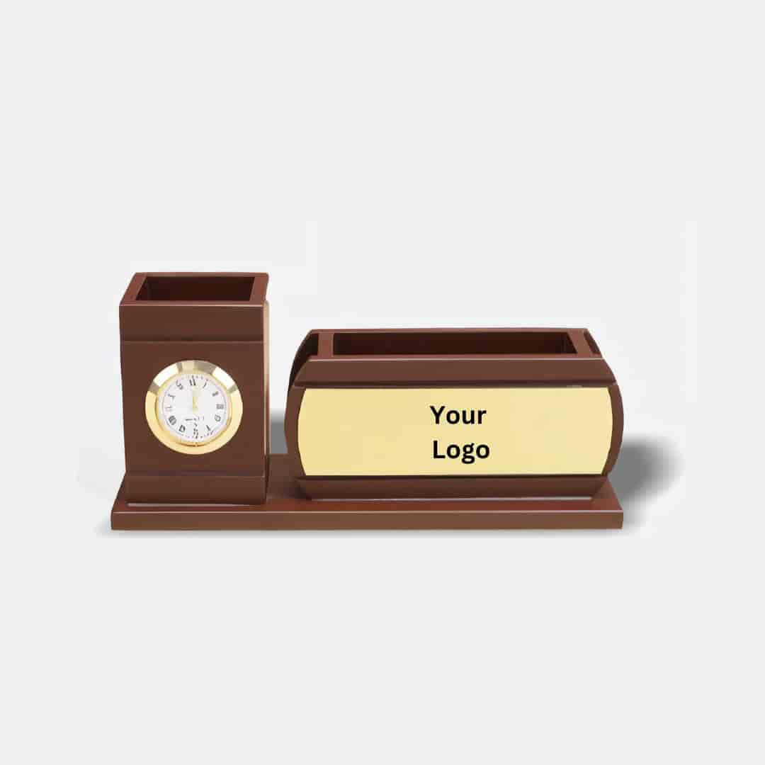 Brown Desk Organizer with Integrated Clock