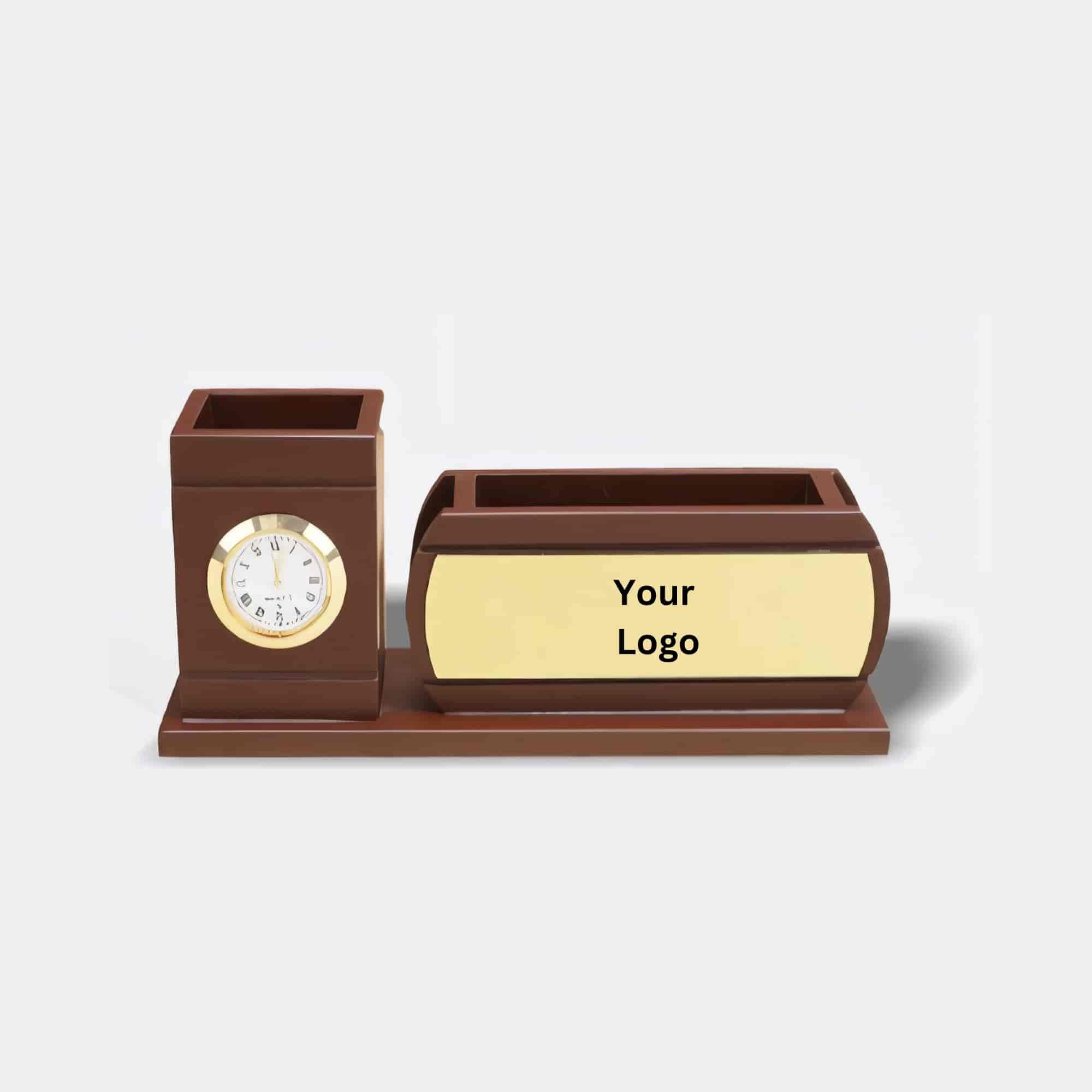 Brown Desk Organizer with Integrated Clock