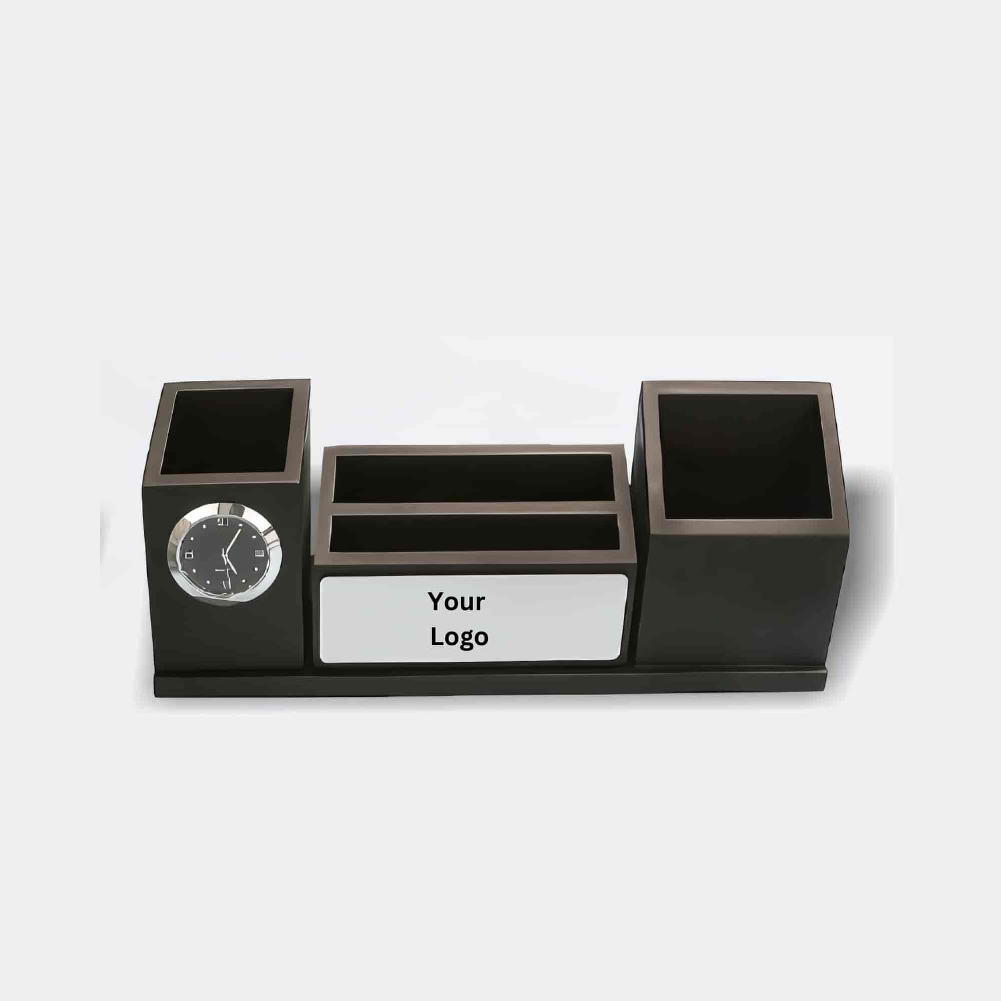 Black Desk Organizer with Clock