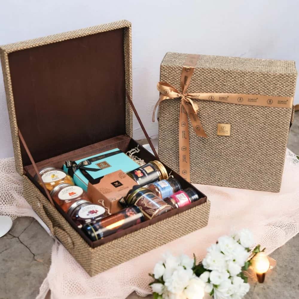 Zoroy Diwali Special Jute Hamper Box Filled With Chocolates And Other Goodies