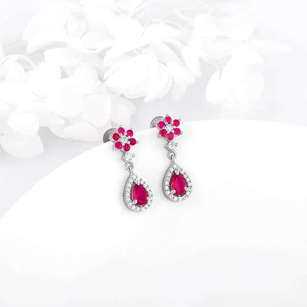 Silver Pink Flower Mini Drop Earrings