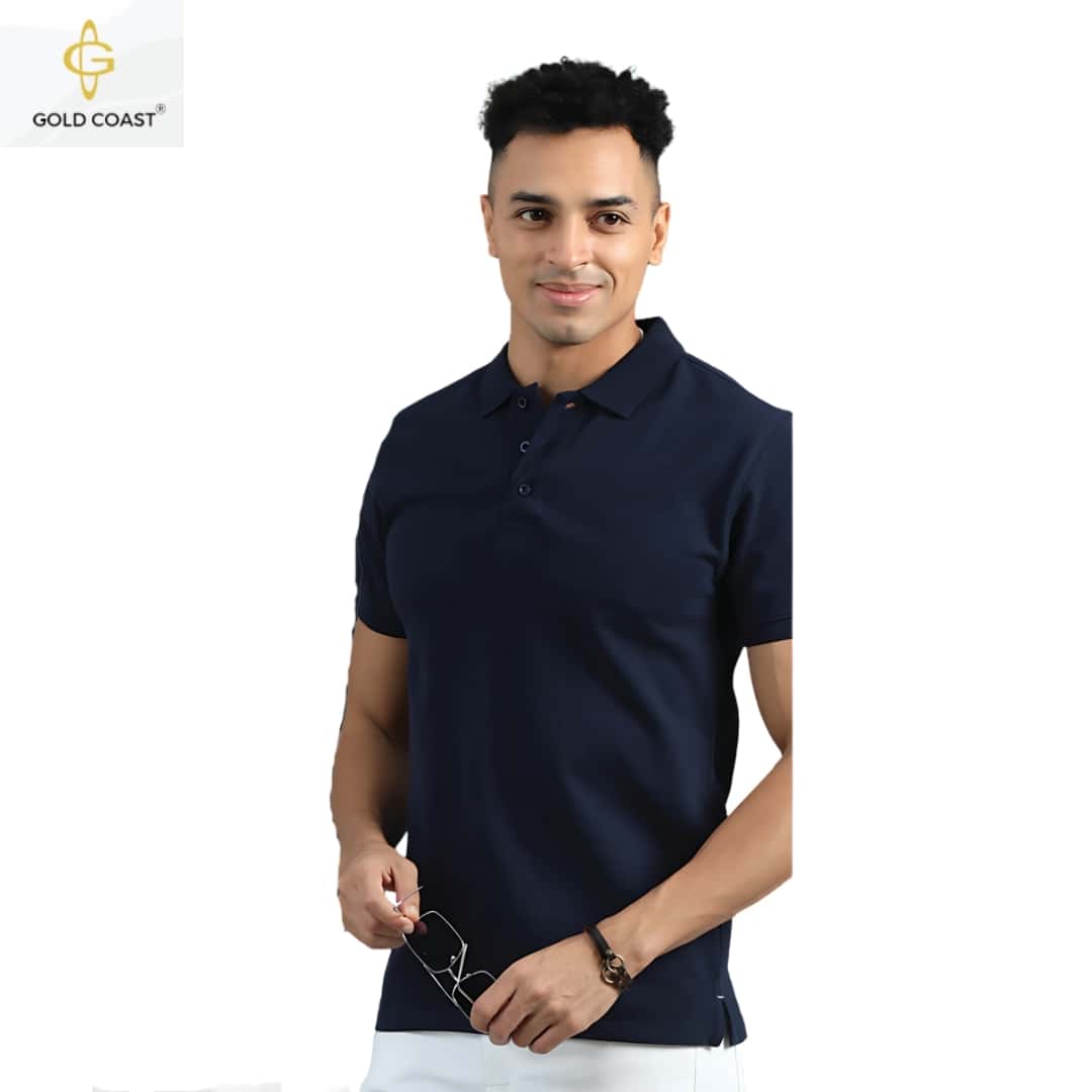 Gold Coast Jacquard Cotton Polo T-Shirt - Navy Blue