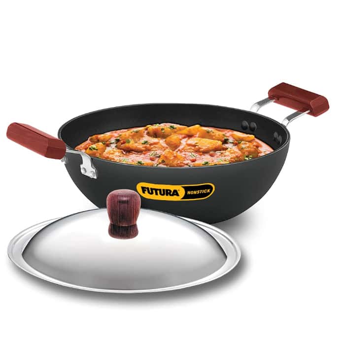 Hawkins Futura 3.5L Non Stick Flat Bottom Induction Kadhai With Stainless Steel Lid
