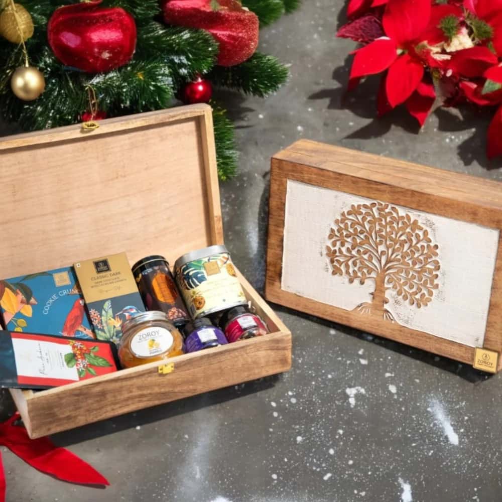 Zoroy Luxury Chocolate The Classic Tree Of Life Wood Box Hampe| Arabica Coffee | Cookies | Chocolate Coated Nuts | Cocoa in bulk from India — Ant Mascot