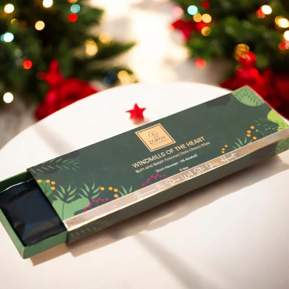 Zoroy Luxury Chocolate Christmas Windmills Of The Heart Box With Rum And Raisin Flavored Dark Choco Bites in bulk from India — Ant Mascot