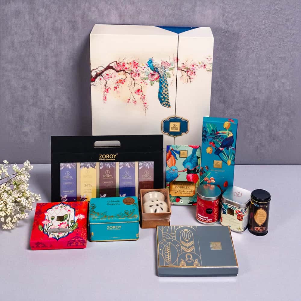 Zoroy Royal Peacock Luxury Hamper � Chocolates, Belgian Bars, Almond Brittle, Cookies & Aroma Diffuser in bulk from India — Ant Mascot