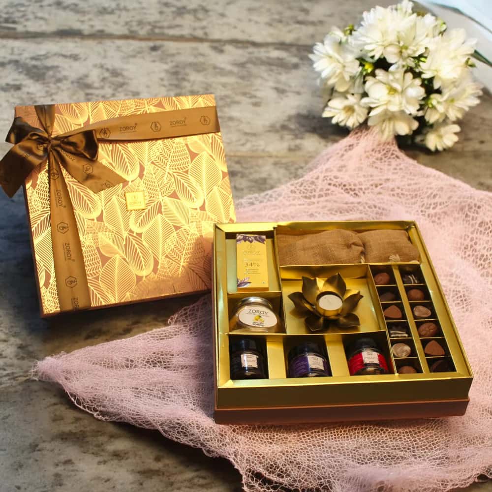 Zoroy The Elegance Hamper Box Of Chocolates, Dried Fruits, Assorted Goody Jars And T Light Candle Holder in bulk from India — Ant Mascot