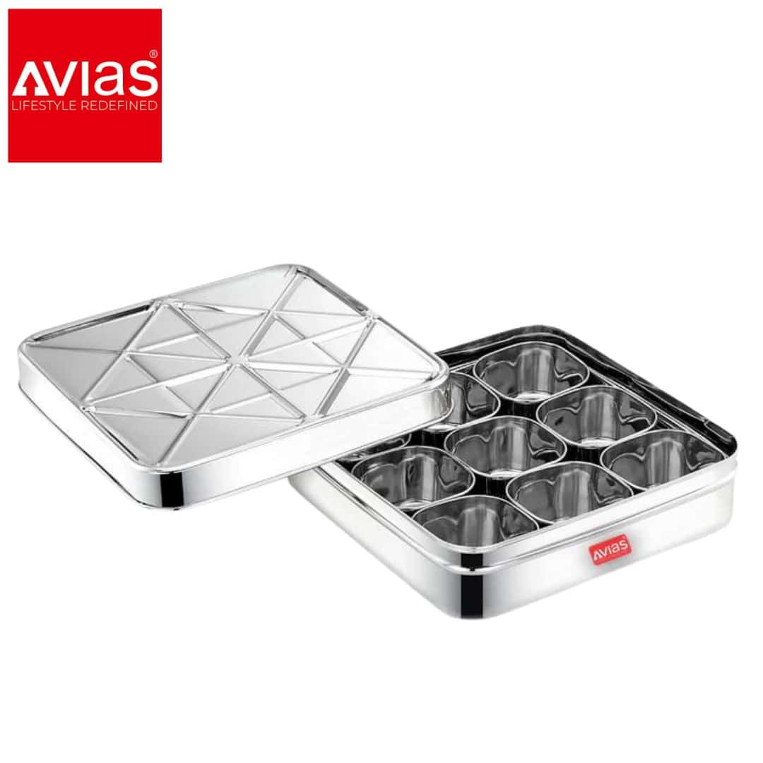 Avias Trios 9 Square Spice Box (Medium) � Stainless Steel Lid in bulk from India — Ant Mascot