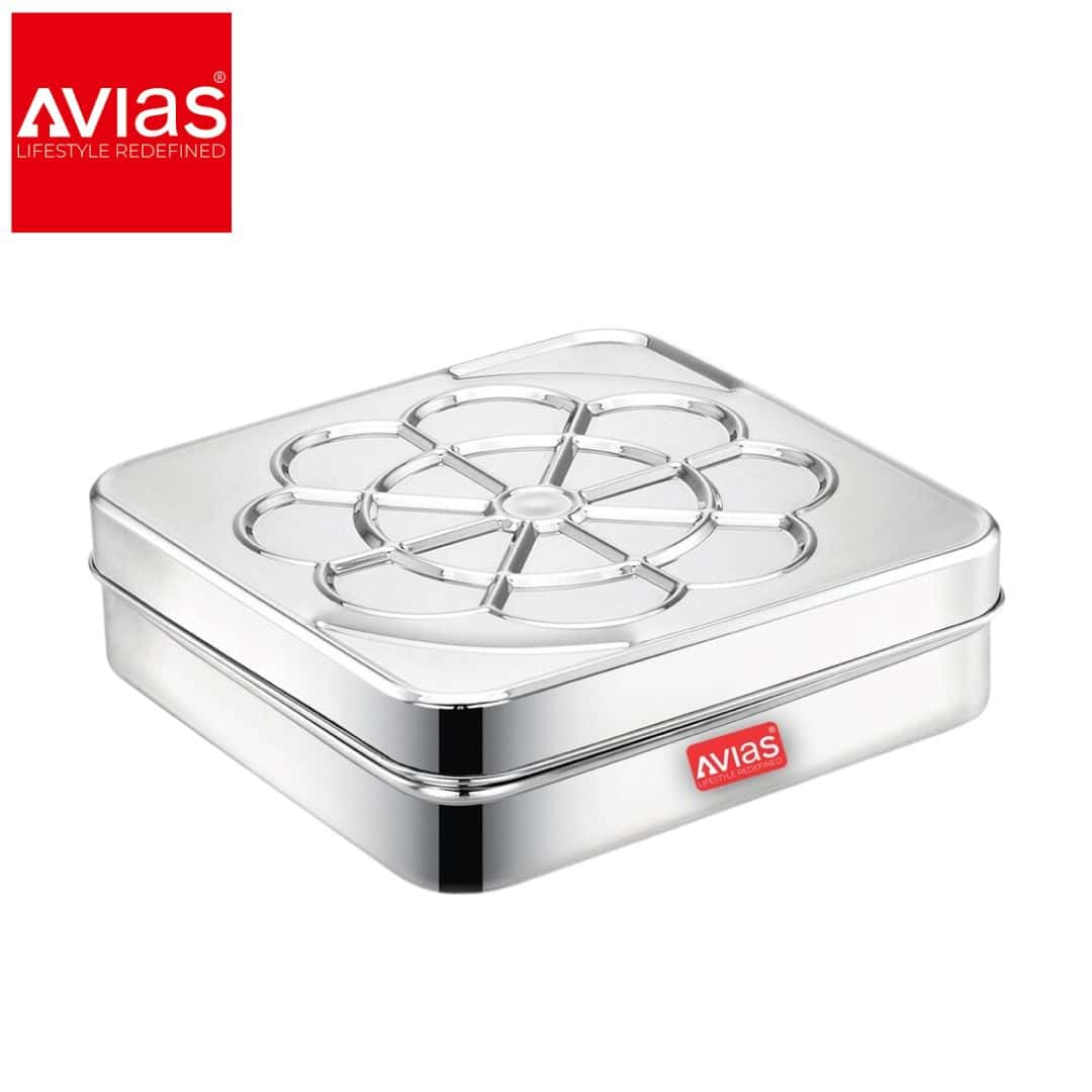 Avias Flora 9 Square Spice Box (Medium) � Stainless Steel Lid in bulk from India — Ant Mascot