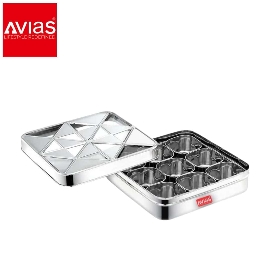 Avias Trios 9 Square Spice Box (Medium) � Glass Lid in bulk from India — Ant Mascot