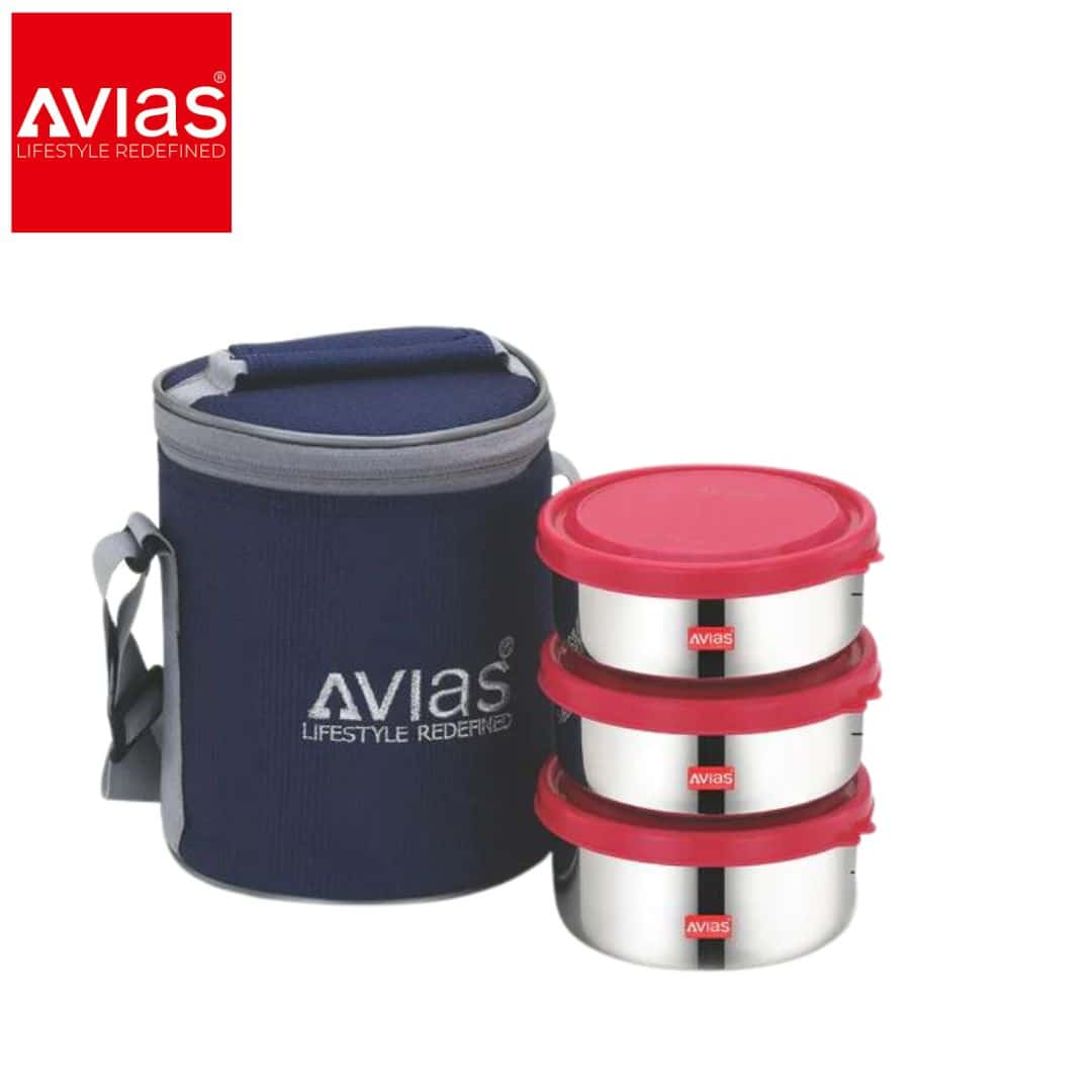 Avias Freshia Round Lunch Box � 3 Stainless Steel Containers in bulk from India — Ant Mascot