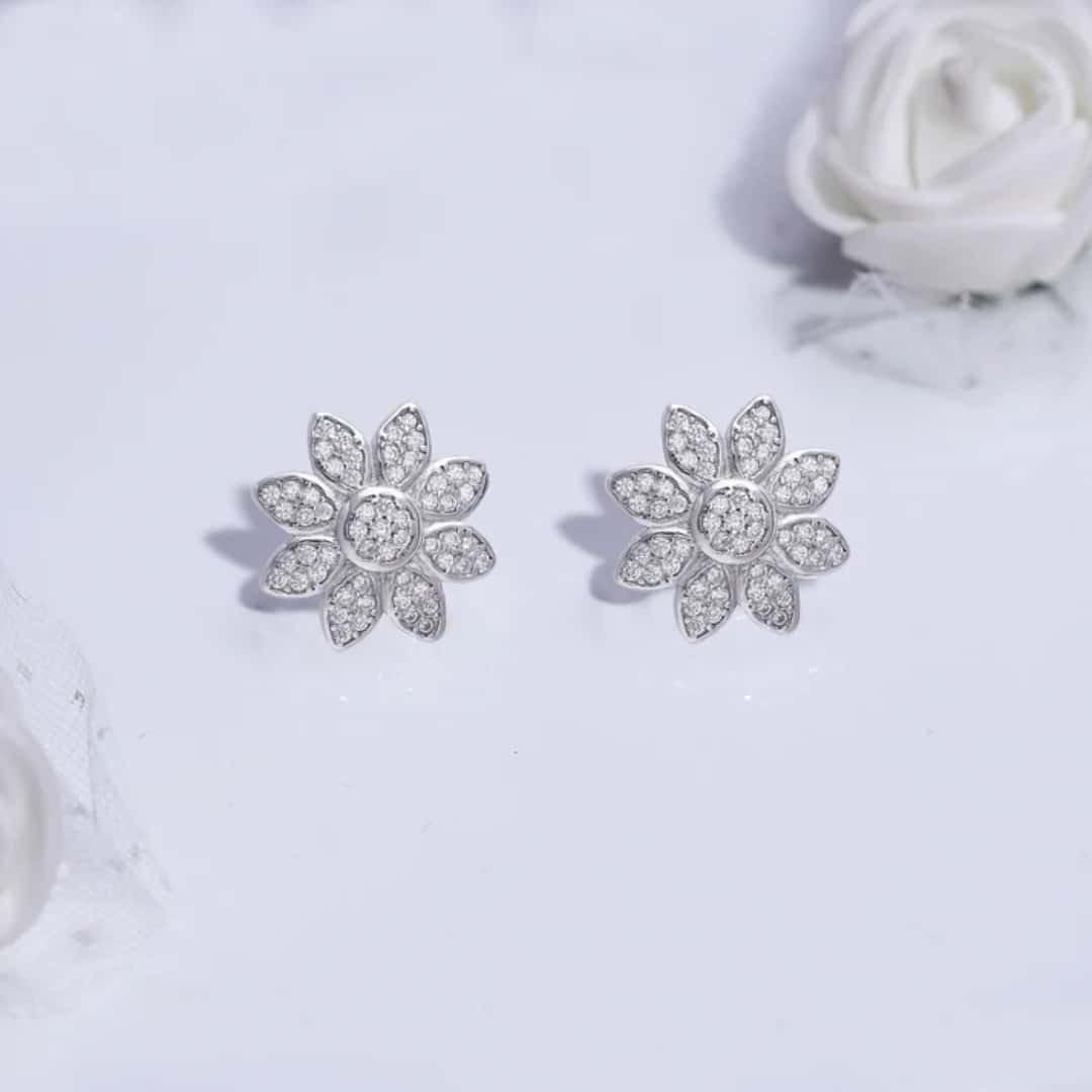 Silver Zircon Blooming Flower Earrings in bulk from India — Ant Mascot