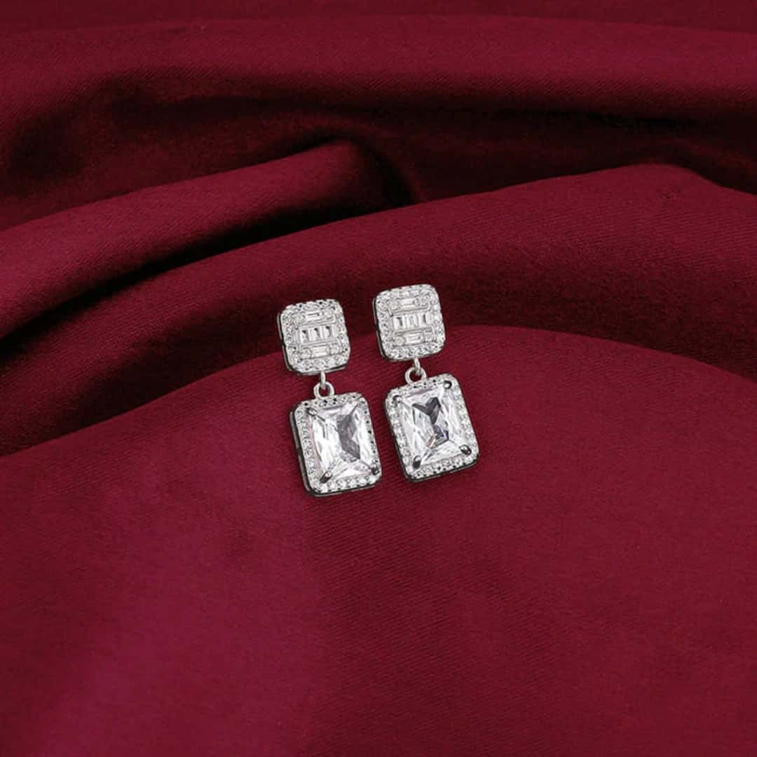 Anushka Sharma Silver Zircon Bold Baguette Earrings in bulk from India — Ant Mascot