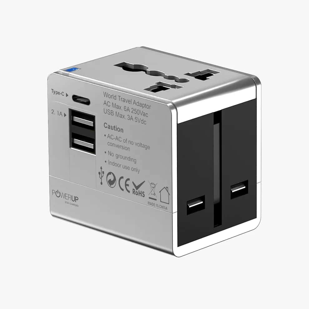Powerup�World Travel Adapter�With 2 USB & 1 Type-C Port Wall Charger - Silver in bulk from India — Ant Mascot