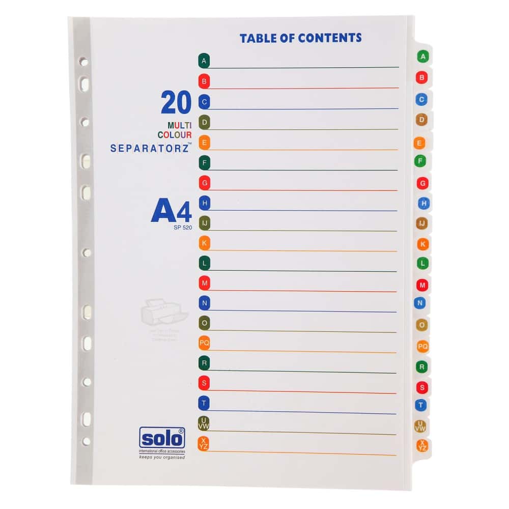 Solo Separatorz with Index (20 Divider) A4 in bulk from India — Ant Mascot